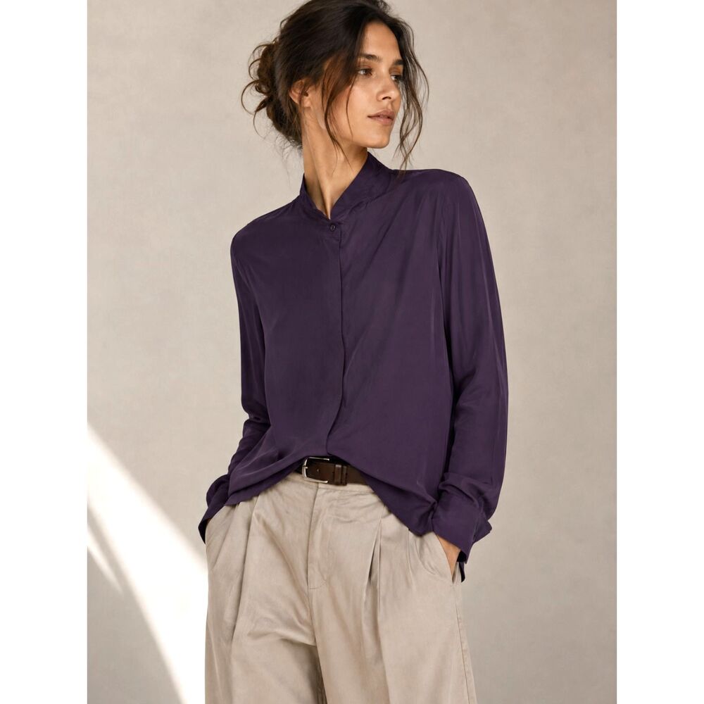 Vintage Casual Corner 100% Silk Plum Purple Blouse Size 12 Mandarin Collar